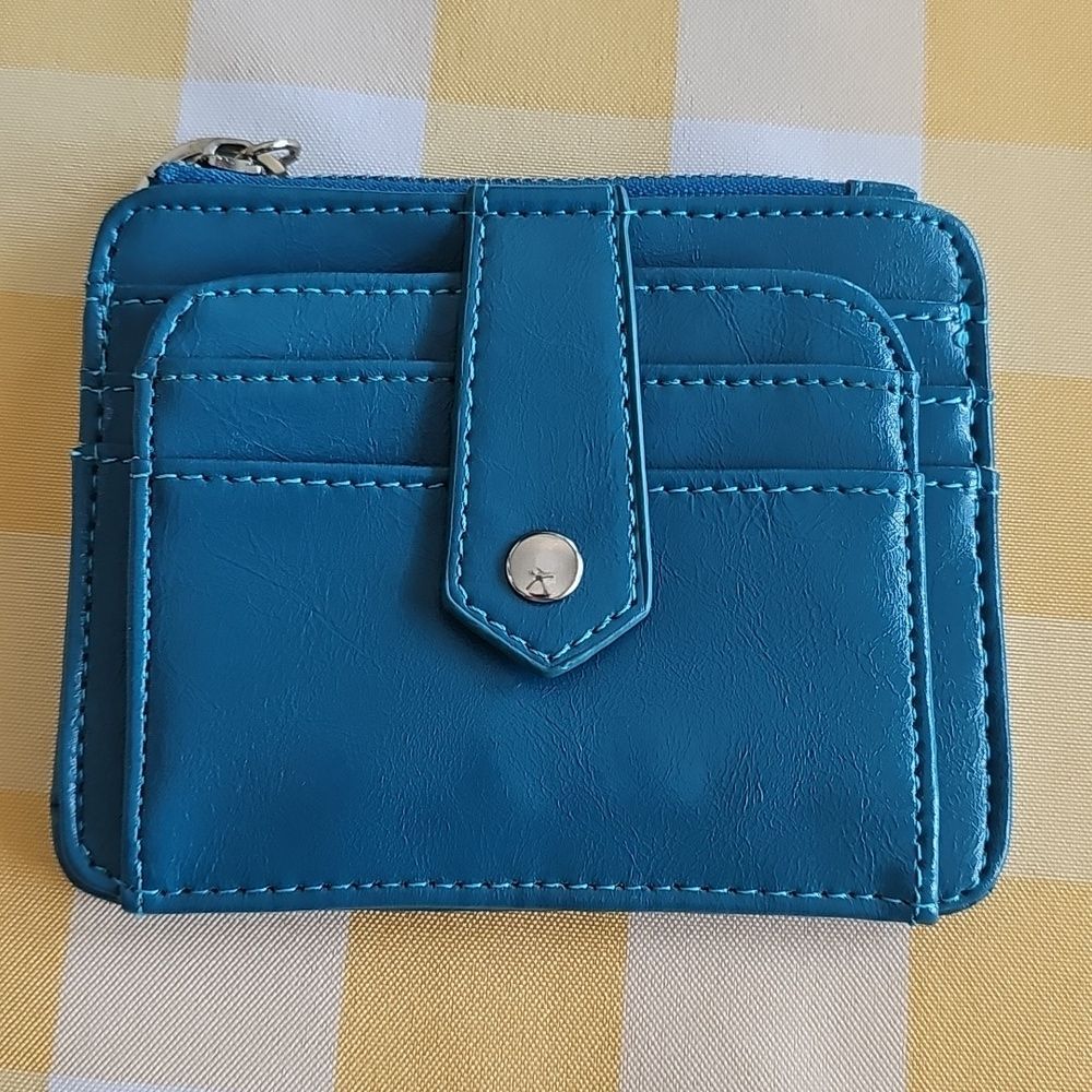 Teal Blue Zip Card Holder Wallet with| ID Window & Key Ring